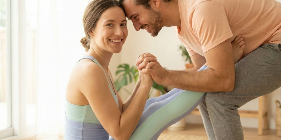Pareja sonriendo en primer plano durante práctica de acro yoga con conexión y contacto físico