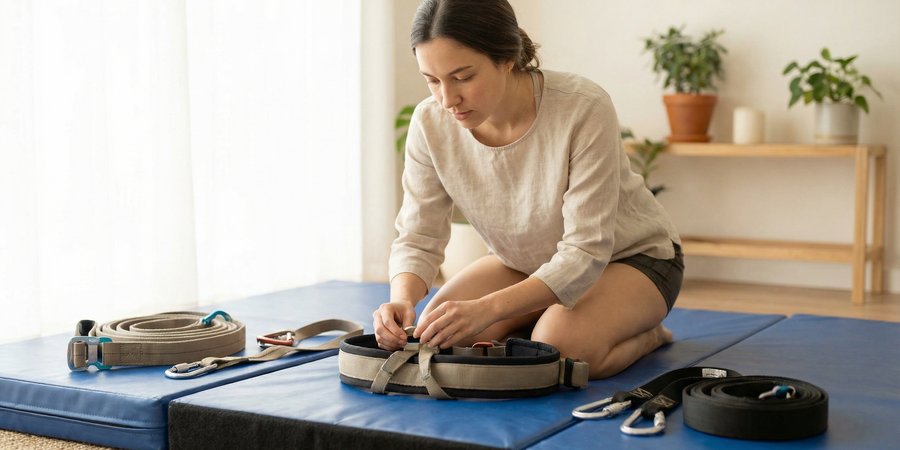 Mujer revisando y ajustando equipo de seguridad para práctica de acro yoga con colchonetas y protección