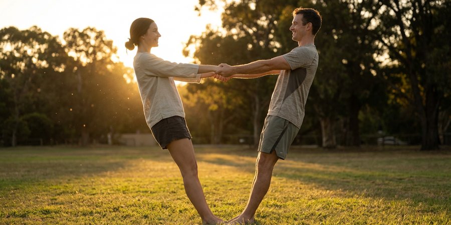 Pareja practicando flujo de acro yoga al atardecer
