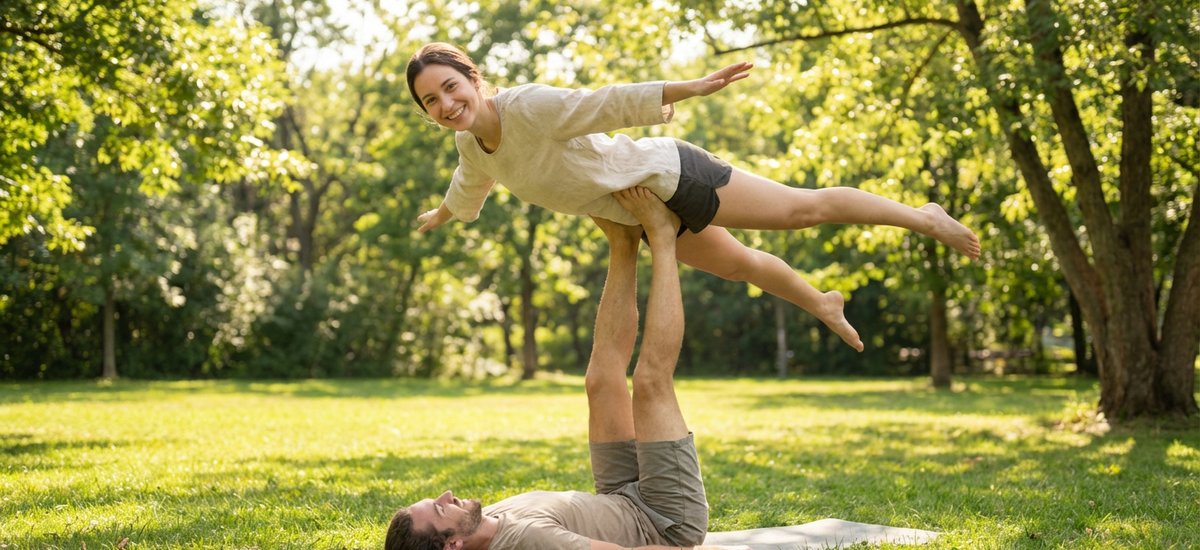Posturas acrobáticas de acro yoga practicadas al aire libre