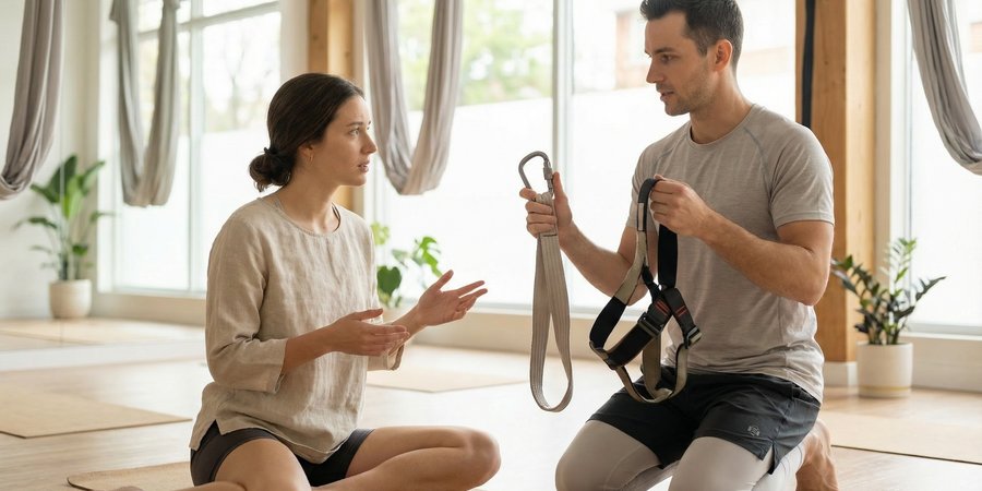 Mujer conversando con instructor de aeroyoga sobre contraindicaciones y consulta de seguridad