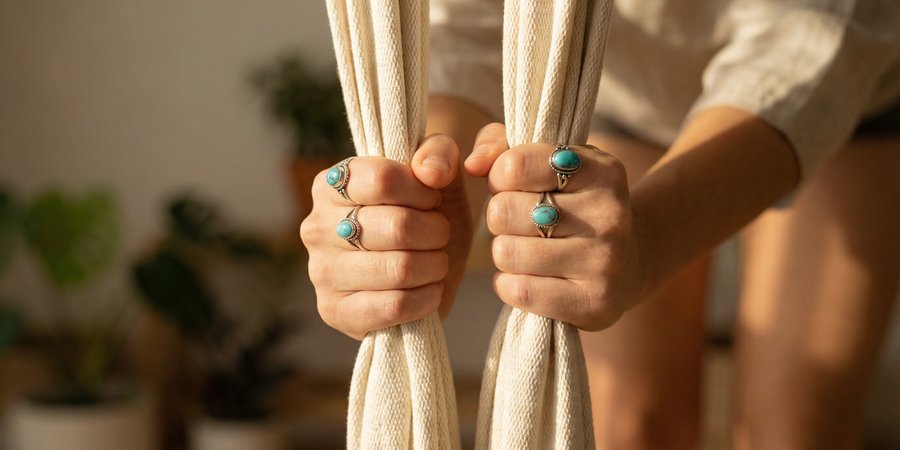 Primer plano de manos de mujer agarrando firmemente la tela de la hamaca de aeroyoga