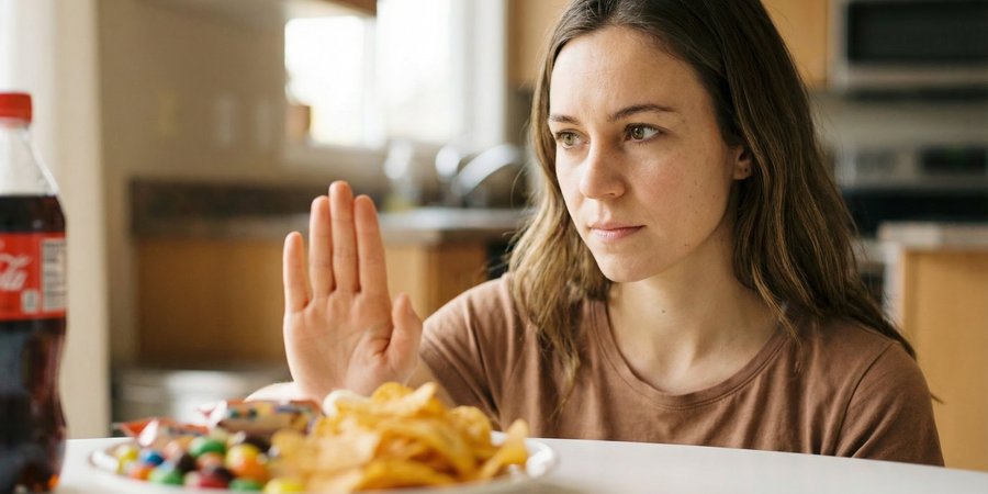 Mujer tomando decisión consciente de rechazar comida procesada poco saludable