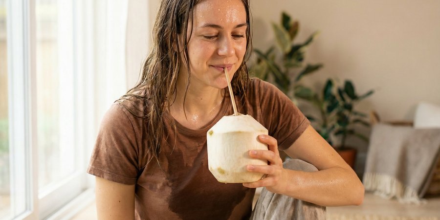 Mujer post-práctica de yoga hidratándose con agua de coco para recuperación muscular