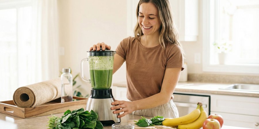 Mujer preparando smoothie verde saludable en cocina luminosa con frutas y vegetales frescos
