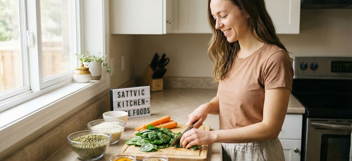 Preparando comida sáttvica pura y saludable