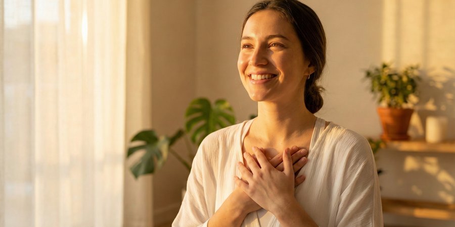 Mujer con radiante expresión de bienestar y transformación después de práctica de Ashtanga yoga