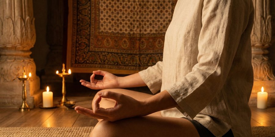 Mujer en postura de meditación con mudra tradicional practicando Ashtanga yoga
