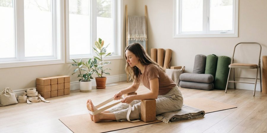 Mujer practicando yoga terapéutico con apoyo de bloques y correas en entorno clínico