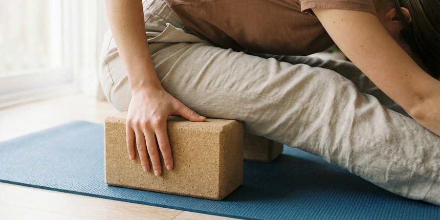 Manos colocando bloques de yoga bajo cadera en postura de flexión, detalle técnico