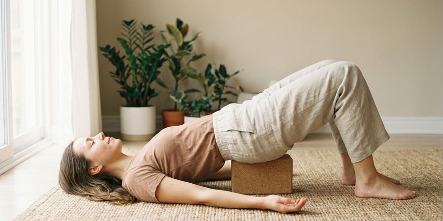 Postura del puente apoyada con bloque de yoga