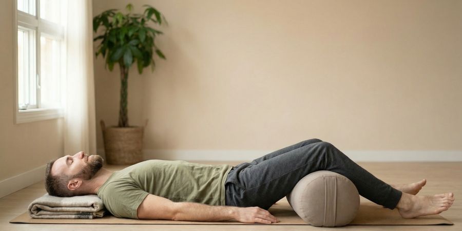 Bolster cilíndrico colocado bajo las rodillas en Savasana