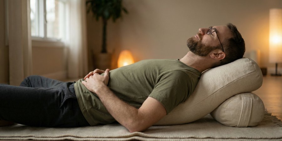 Hombre en postura restaurativa sobre bolster de meditación premium