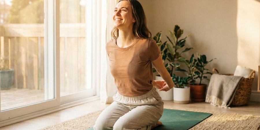 Mujer en postura de apertura cardíaca con brazos expandidos y pecho abierto