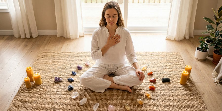 Mujer meditando con mano en corazón y cristales de chakra dispuestos ritualmente