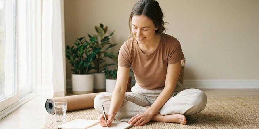 Cuaderno de yoga abierto con notas sobre la práctica diaria y reflexiones personales