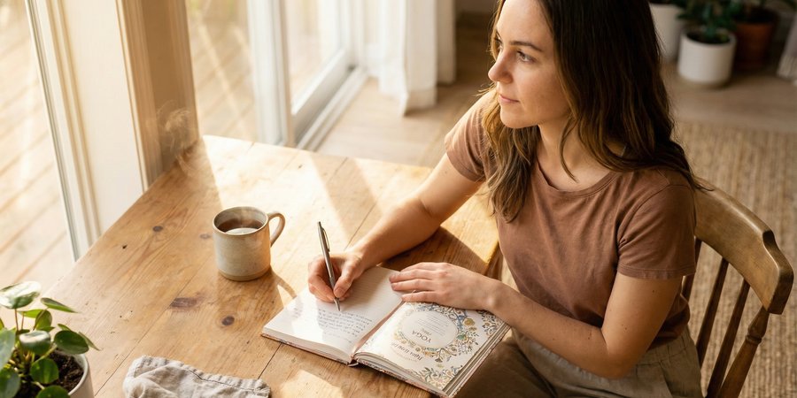 Mujer escribiendo en diario de yoga con bebida caliente en ambiente de mindfulness