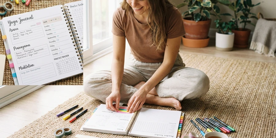 Persona reflexionando y tomando notas después de su práctica de yoga