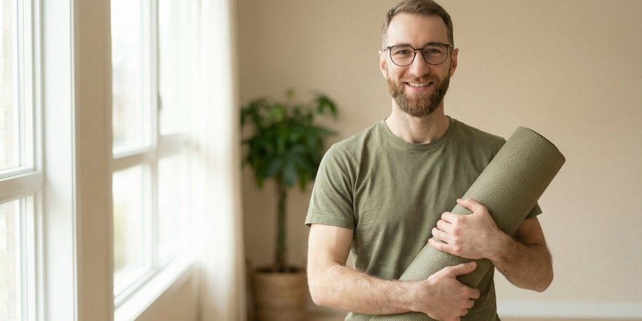 Hombre joven con esterilla de yoga enrollada mostrando confianza para empezar