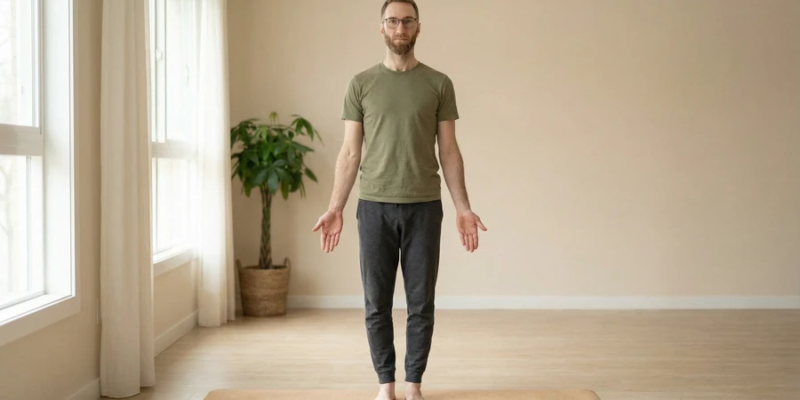 Instructor mostrando posturas básicas de yoga a un grupo de principiantes