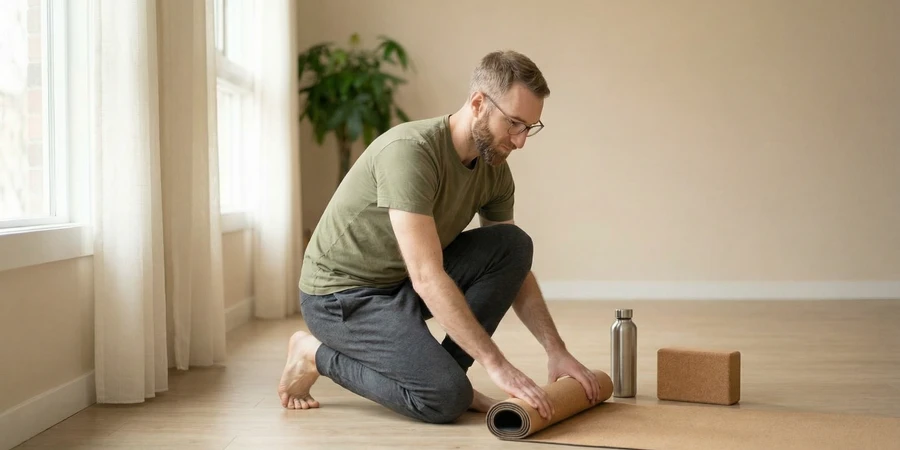 Practicante estableciendo una rutina de yoga matutina en casa