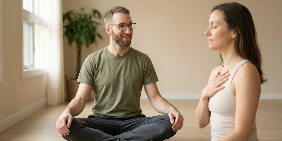 Hombre en postura con expresión de escucha interna y conexión con su cuerpo