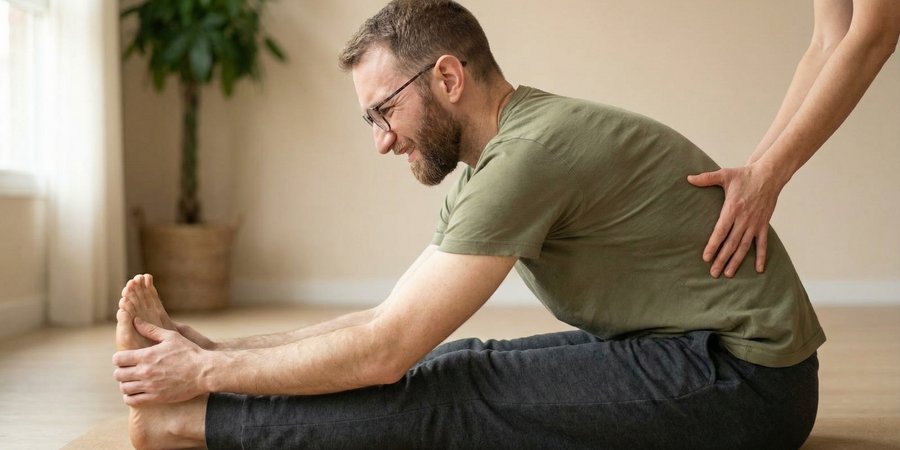 Hombre en flexión hacia adelante mostrando tensión incorrecta al forzar postura