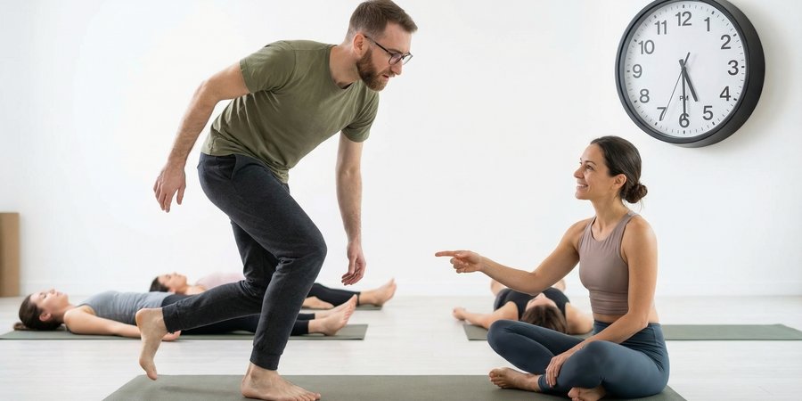Hombre levantándose apresuradamente y saltándose Savasana al final de clase