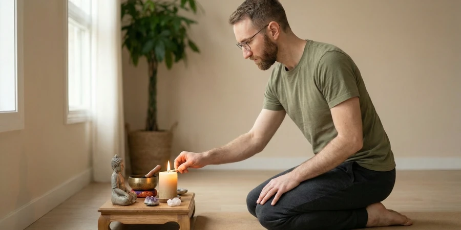 Accesorios opcionales de yoga como cojines, bolsters y velas en un espacio de práctica