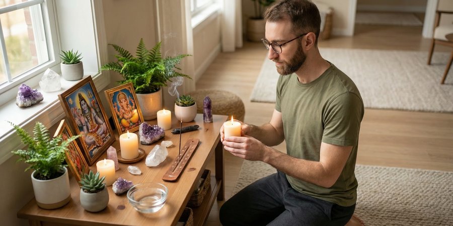 Hombre decorando altar personal de yoga con velas, cristales y elementos sagrados