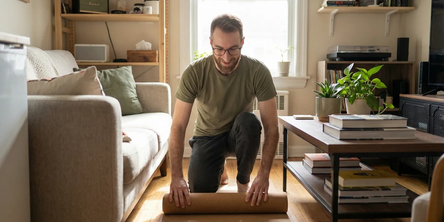 Espacio de yoga ambientado con iluminación suave, plantas y elementos decorativos