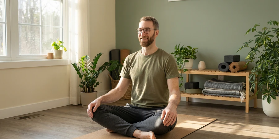 Practicante de yoga en su espacio personal realizando su rutina diaria