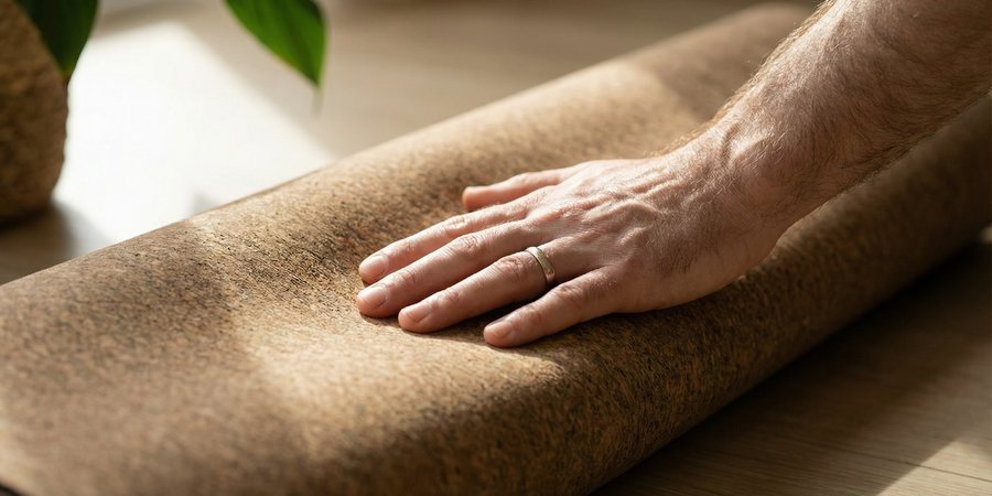 Hombre examinando calidad y textura de esterilla de yoga premium