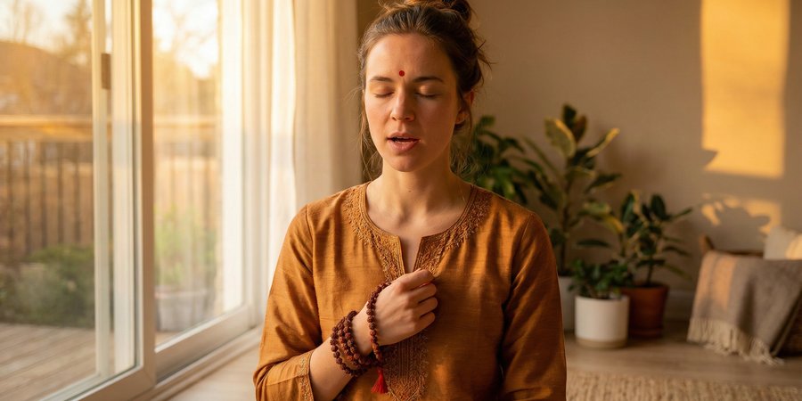 Mujer cantando Gayatri Mantra en meditación profunda con mala beads y vestimenta espiritual