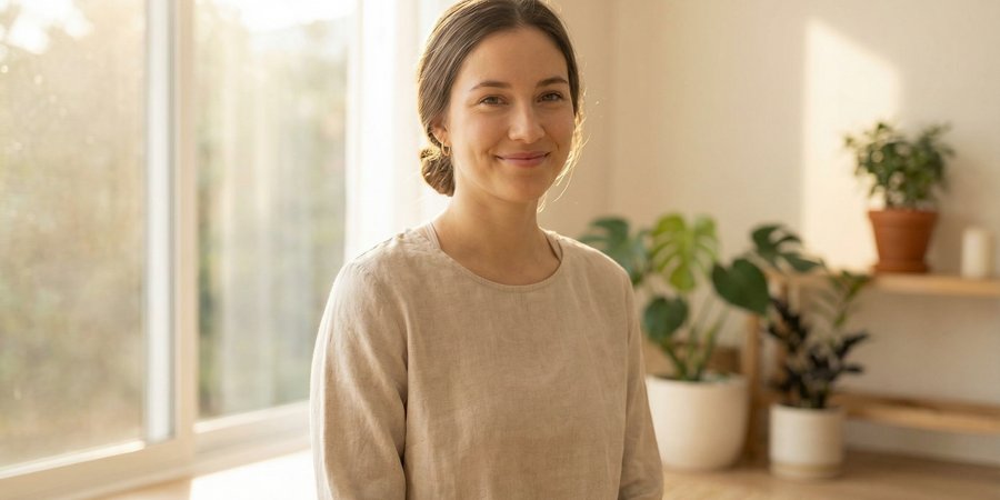 Mujer después de clase de Hatha yoga con expresión radiante de paz y bienestar