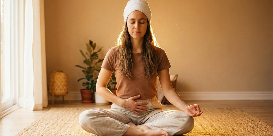 Mujer en meditación kundalini con mano en chakra raíz y turbante espiritual blanco