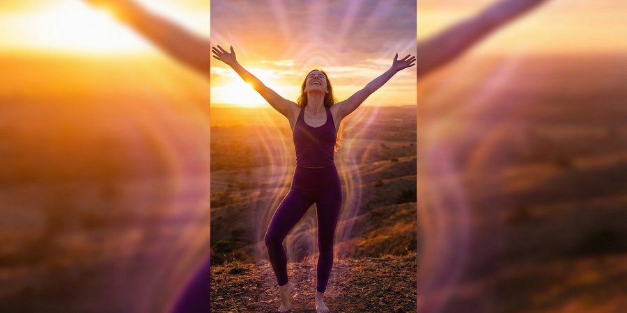 Mujer experimentando apertura de kundalini con brazos expandidos hacia el cielo