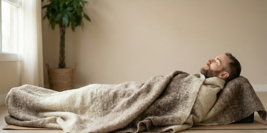 Hombre envuelto en manta de yoga premium de lana natural en postura restaurativa