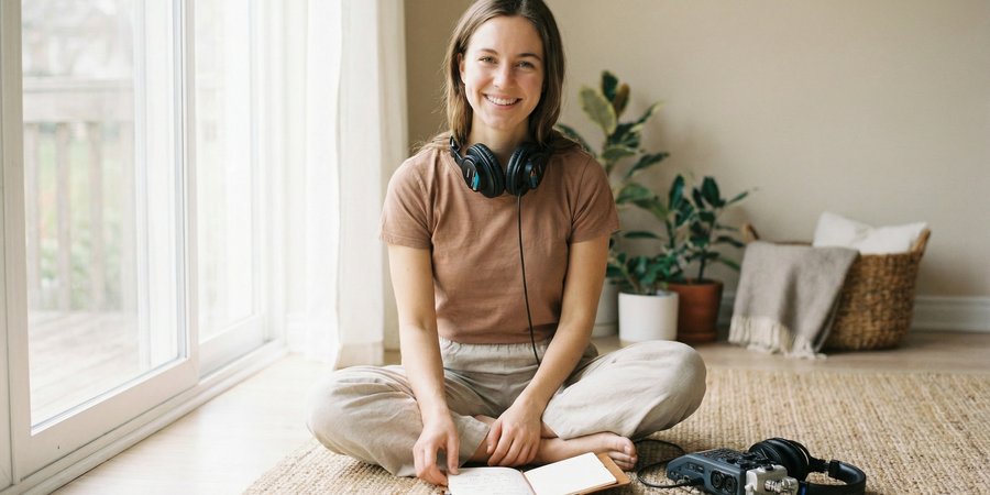 Mujer comenzando práctica de mantras con grabadora de audio y cuaderno de intenciones