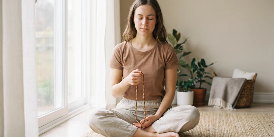 Persona practicando meditación con mantras en espacio tranquilo