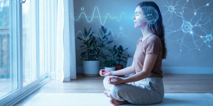 Mujer meditando con gráficos de ondas cerebrales mostrando beneficios científicos