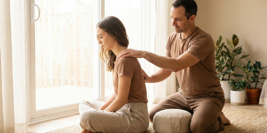 Instructor corrigiendo amablemente postura incorrecta de meditación en principiante