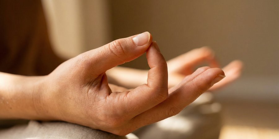 Primer plano detallado de manos realizando mudra sagrado con precisión