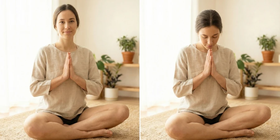 Instructor y estudiantes de yoga intercambiando el saludo Namaste al final de una clase
