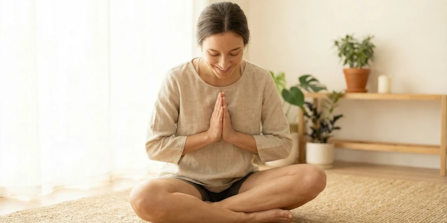 Persona realizando el gesto de Namaste con las manos juntas frente al pecho