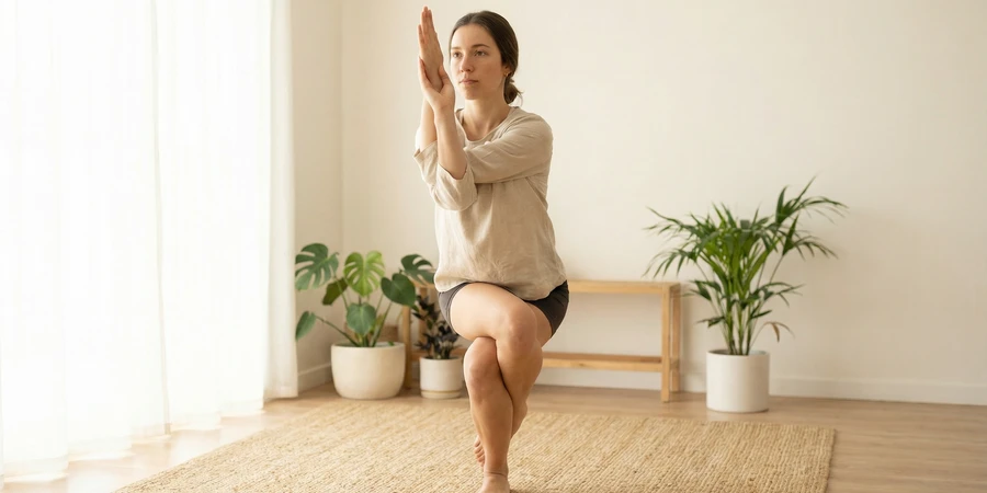 Detalle del entrelazamiento de piernas en Garudasana, mostrando la técnica correcta