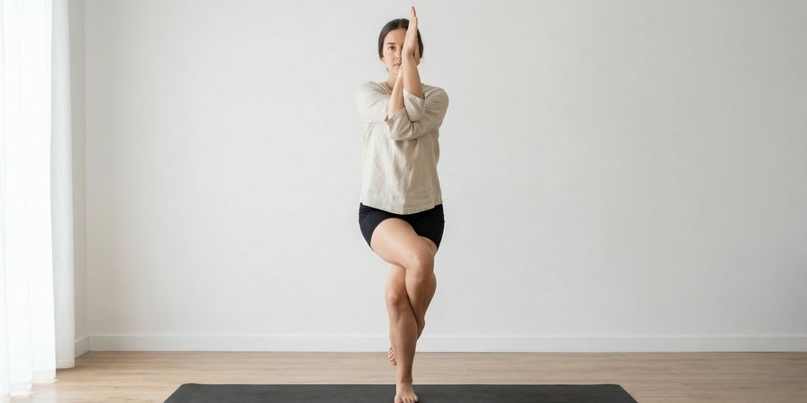 Mujer en postura de águila avanzada con brazos entrelazados y equilibrio perfecto