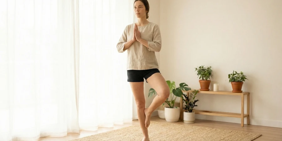 Variación avanzada de Vrikshasana con brazos extendidos hacia el cielo