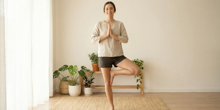Yogui practicando Vrikshasana al aire libre, demostrando equilibrio y estabilidad