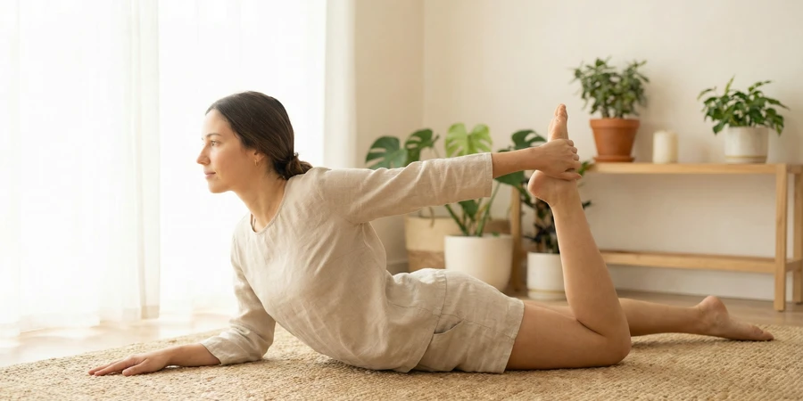 Detalle de la alineación correcta en Dhanurasana, mostrando la distribución del arco